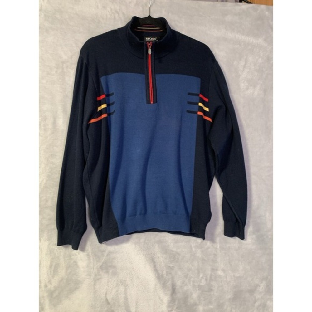 St Croix Regatta Sweater Mens Medium 1/4 Zip Blue Nautical Bright Stripe US Made